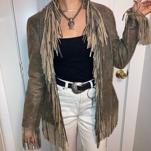 Real Leather Vintage Fringe Jacket - Grey/ Brown